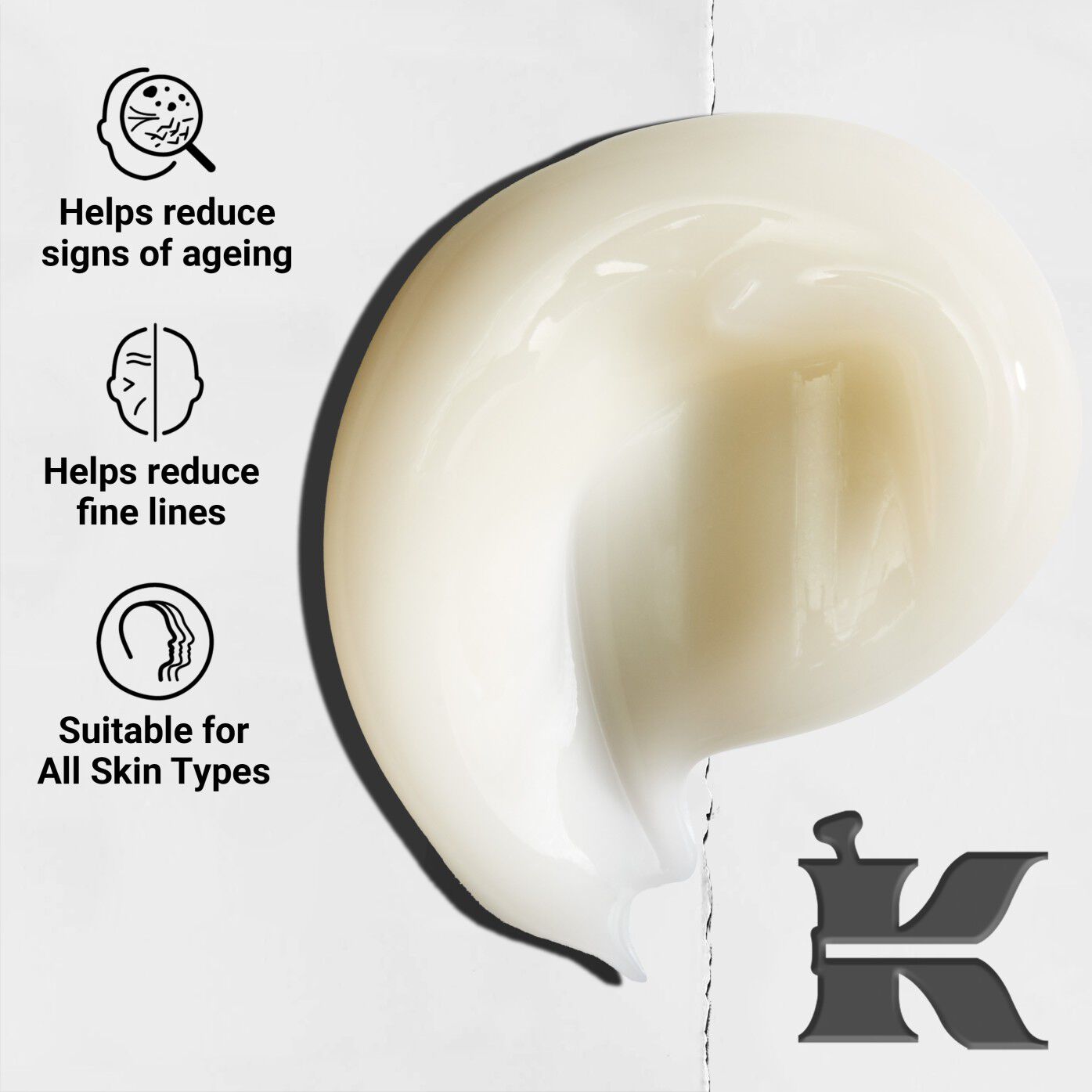 Close-up of Age Defender Power Serum texture swipe; highlights lightweight formula, reduces signs of aging and fine lines, suitable for all skin types.