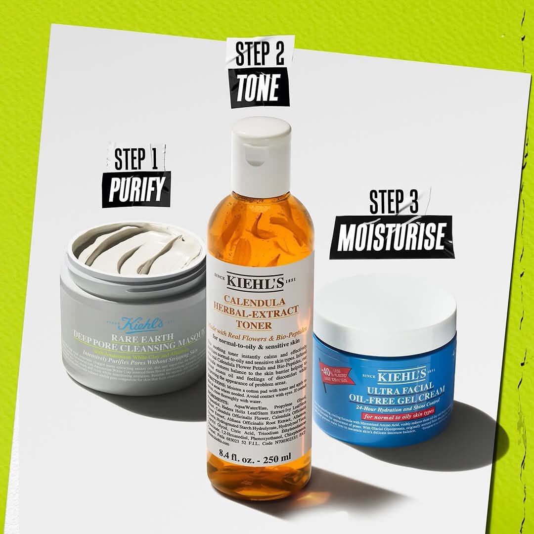 Kiehl's Rare Earth Cleansing Masque routine illustration – Cleanse, Tone, Purify, Moisturize