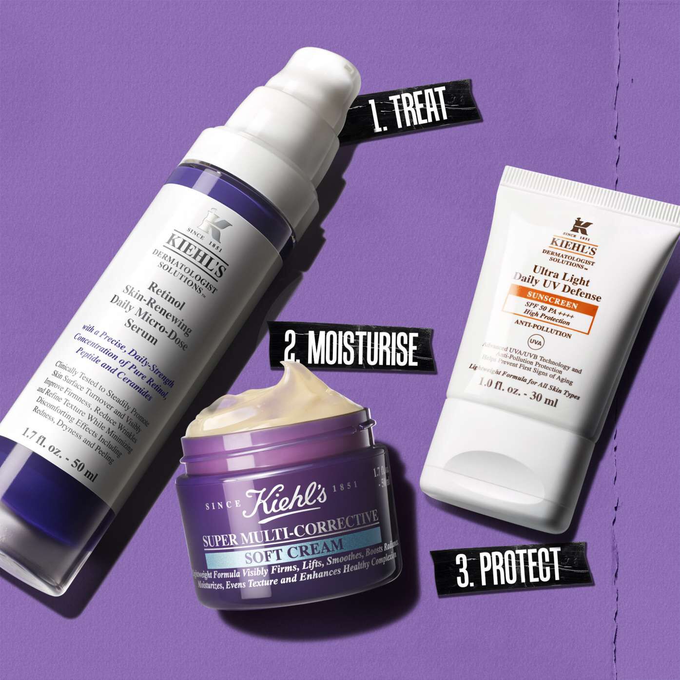 Retinol Skin Renewing Daily Microdose routine illustration – Cleanse, Treat, Treat Eye, Protect