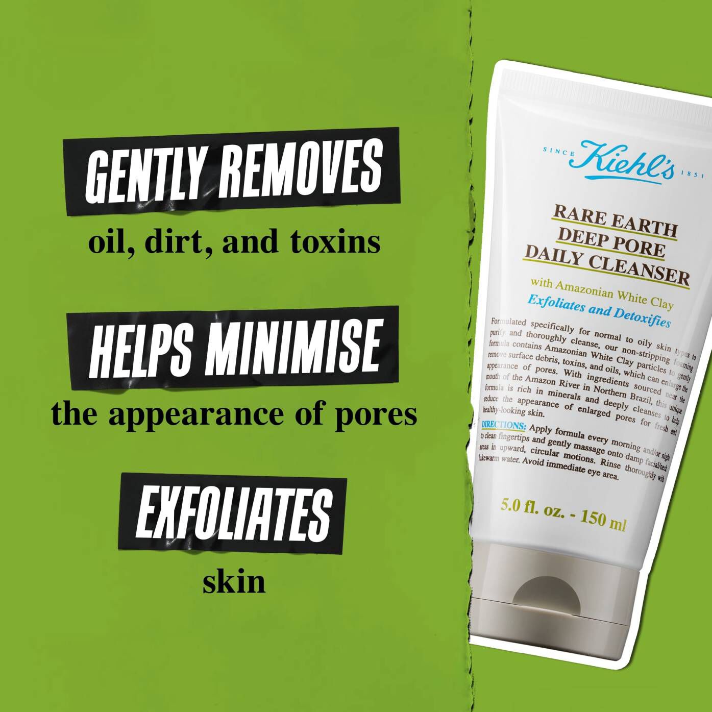 A tube of Rare Earth Deep Pore Daily Cleanser against a green background with the text "Gently removes dirt, oil and toxins. Keeps pores minimized. Exfoliates and deep cleans skin."
