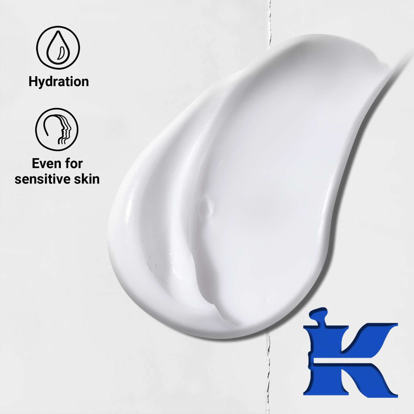 Texture photo with icons: reduces dryness, is soothing and is formulated for sensitive skin