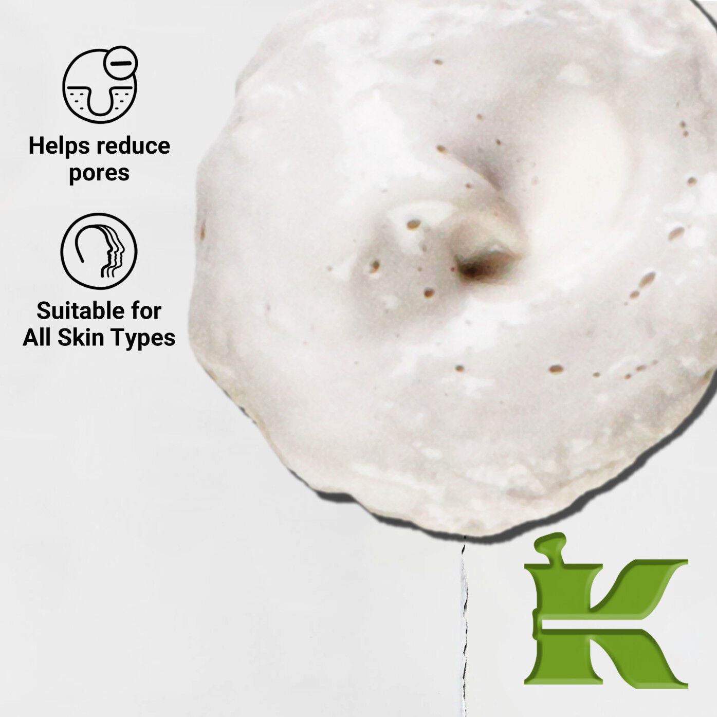 A close-up of Rare Earth Deep Pore Daily Cleanser texture. Text highlights its deep pore cleansing and suitability for all skin types.