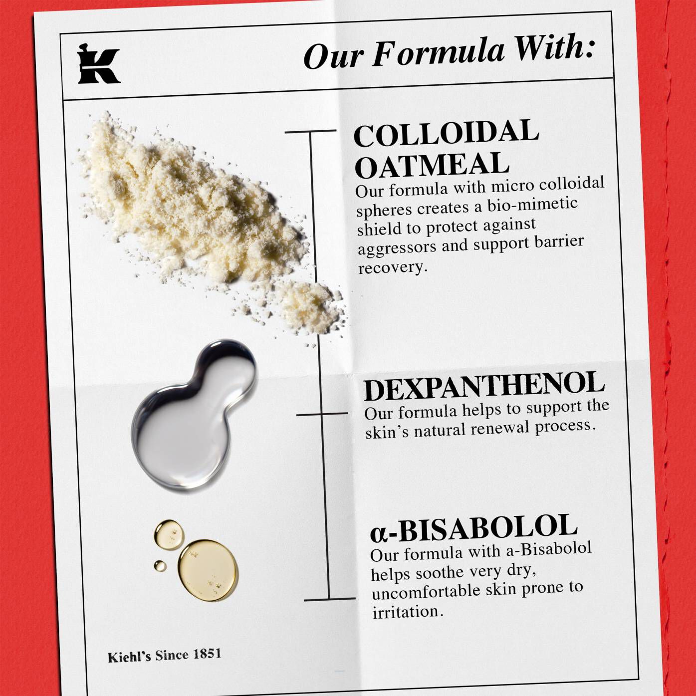 Ingredients list: 1% Colloidal Oatmeal (relieves minor skin irritation), 250mg Dexpanthenol (barrier recovery), and 50mg α-Bisabolol (reduces redness).