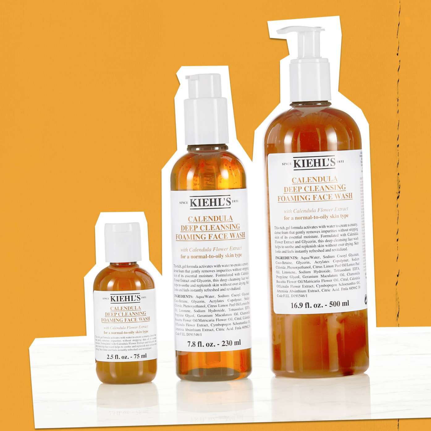 Three Calendula Foaming Face Wash bottles in sizes
