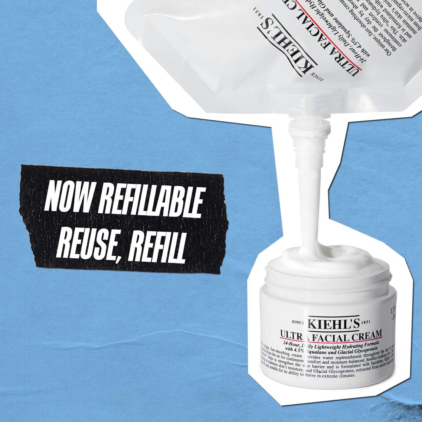 Kiehl’s Ultra Facial Cream in a refill pouch pours into a jar. Text on a black label reads "Now Refillable, Reuse, Refill" on a blue background.