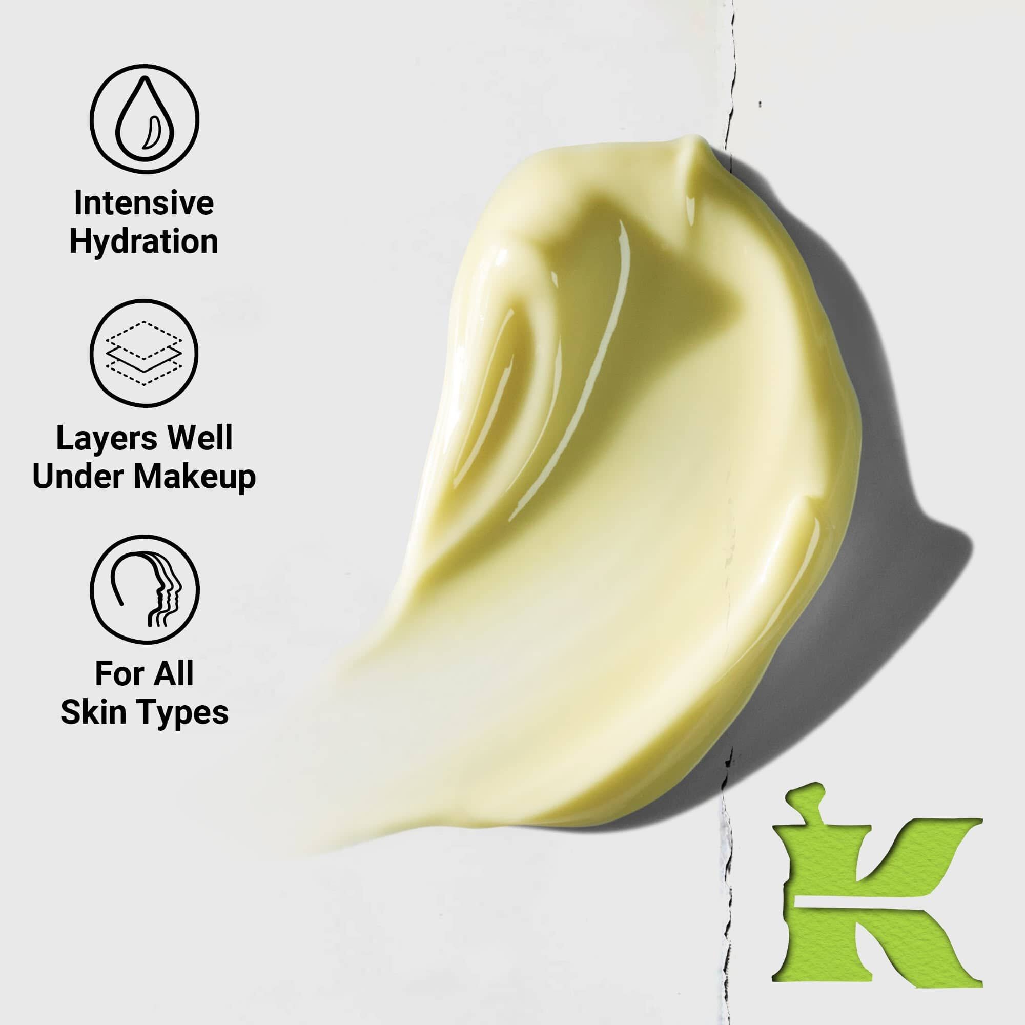 Product texture photo with icons - showcasing quick burst hydration benefits, labeled for all skin types.