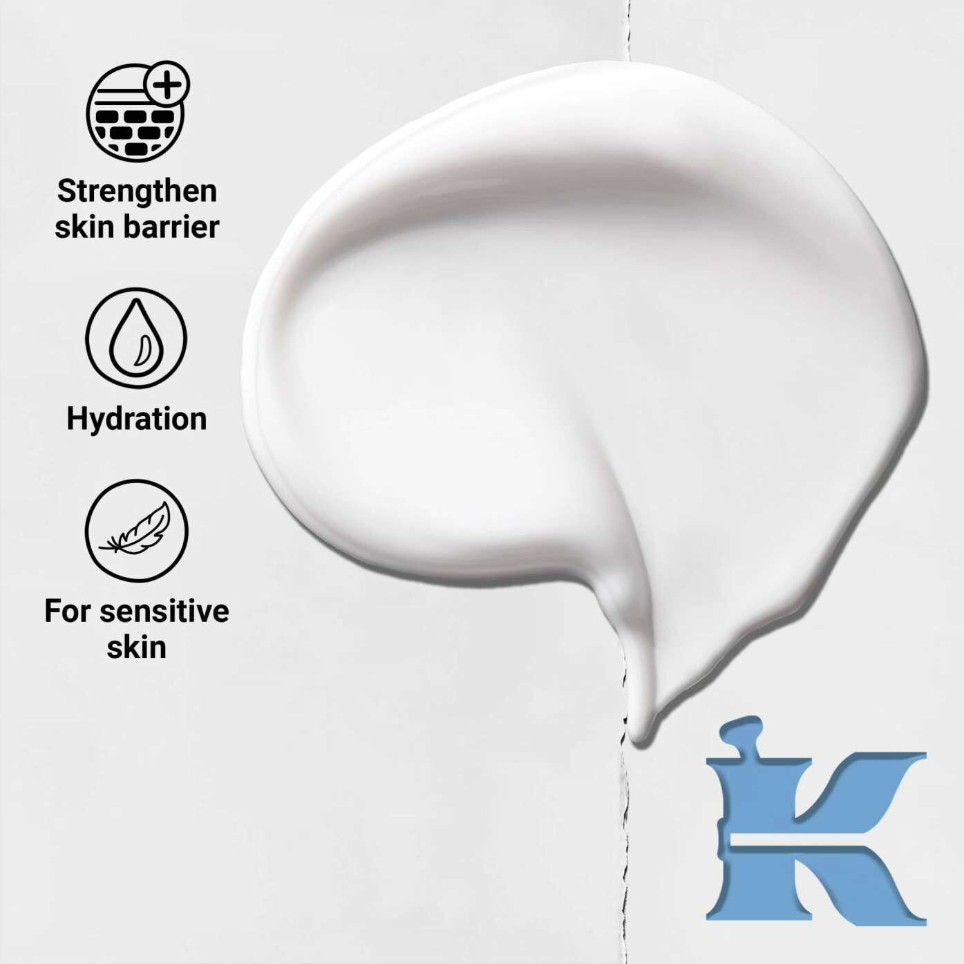 Ultra Facial Moisturizer texture photo & icons: strengthens skin barrier, hydration, sensitive skin