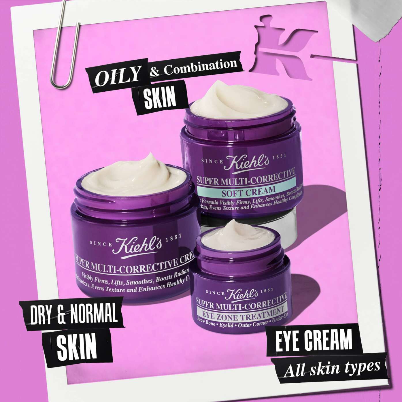 Three purple jars of Kiehl's Super Multi-Corrective Cream for different skin types on a pink background. Labels: "Oily & Combination Skin," "Dry & Normal Skin," and "Eye Cream All Skin Types."