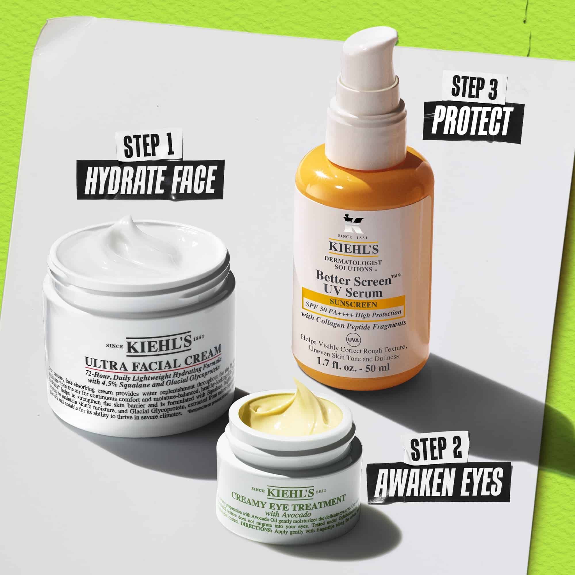 Kiehl's Creamy Eye Treatment with Avocado routine – Step 1 Cleanse Step 2 Treat Step 3 Hydrate