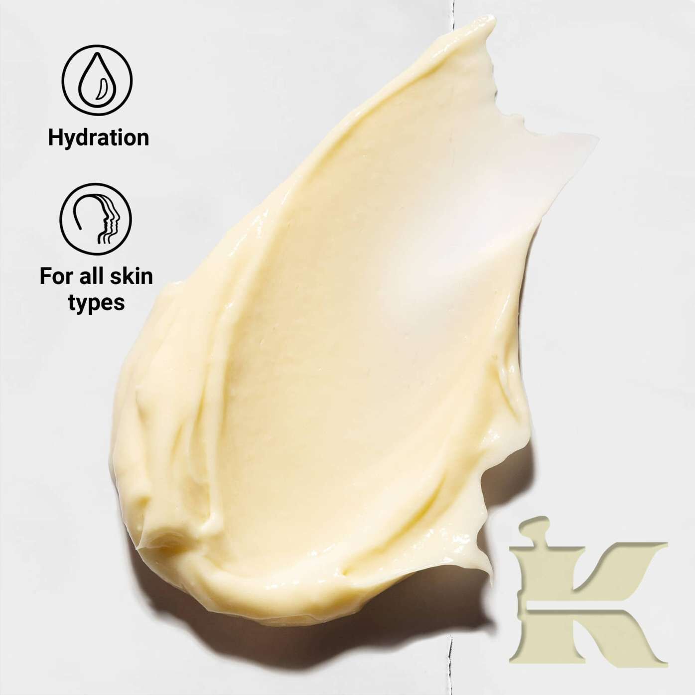 Creme de Corps texture photo with icons stating it offers hydration and is for all skin types