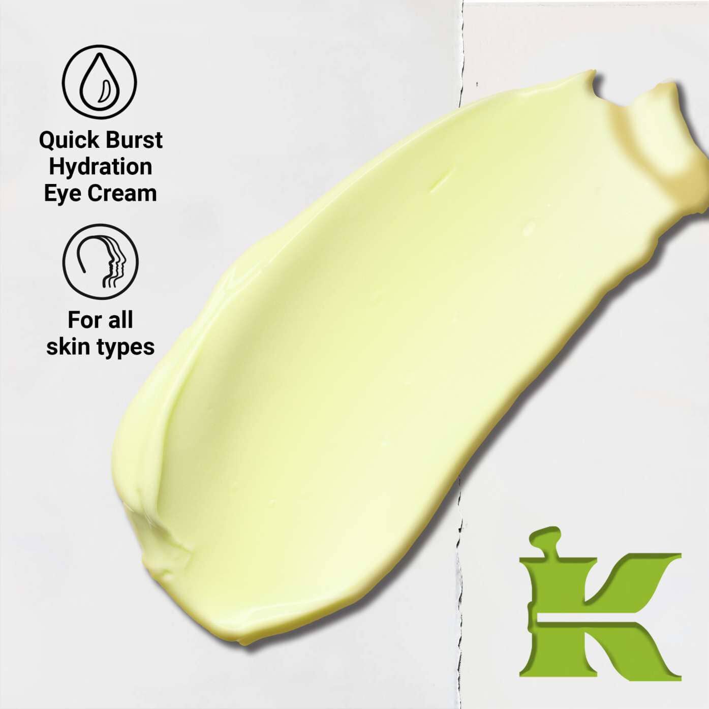 Product texture photo with icons - showcasing quick burst hydration benefits, labeled for all skin types.