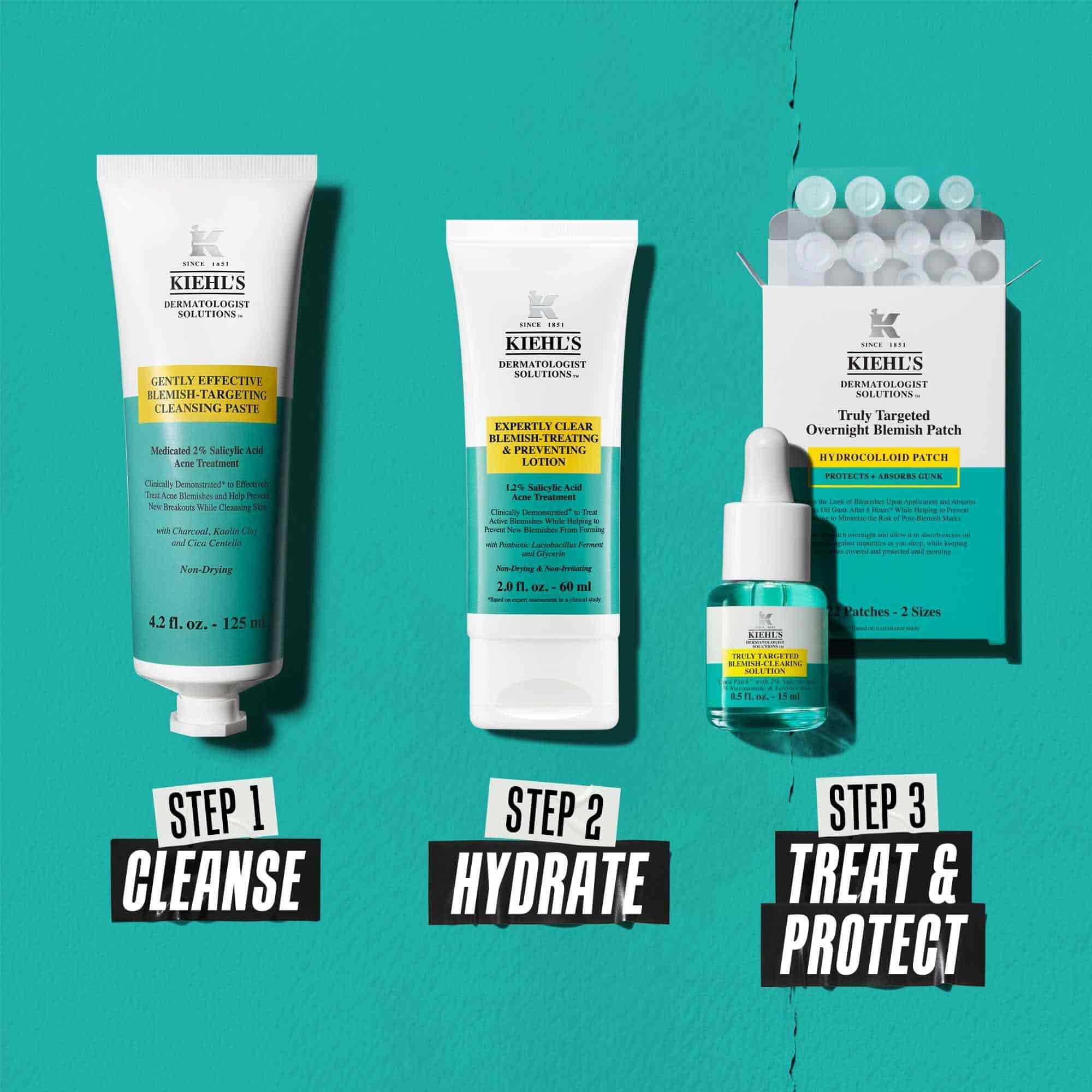 Kiehl’s acne regimen image showing three steps: cleanser, hydrating treatment, and duo of serum plus overnight blemish patches labeled “Step 1 Cleanse,” “Step 2 Hydrate,” “Step 3 Treat & Protect.” 
