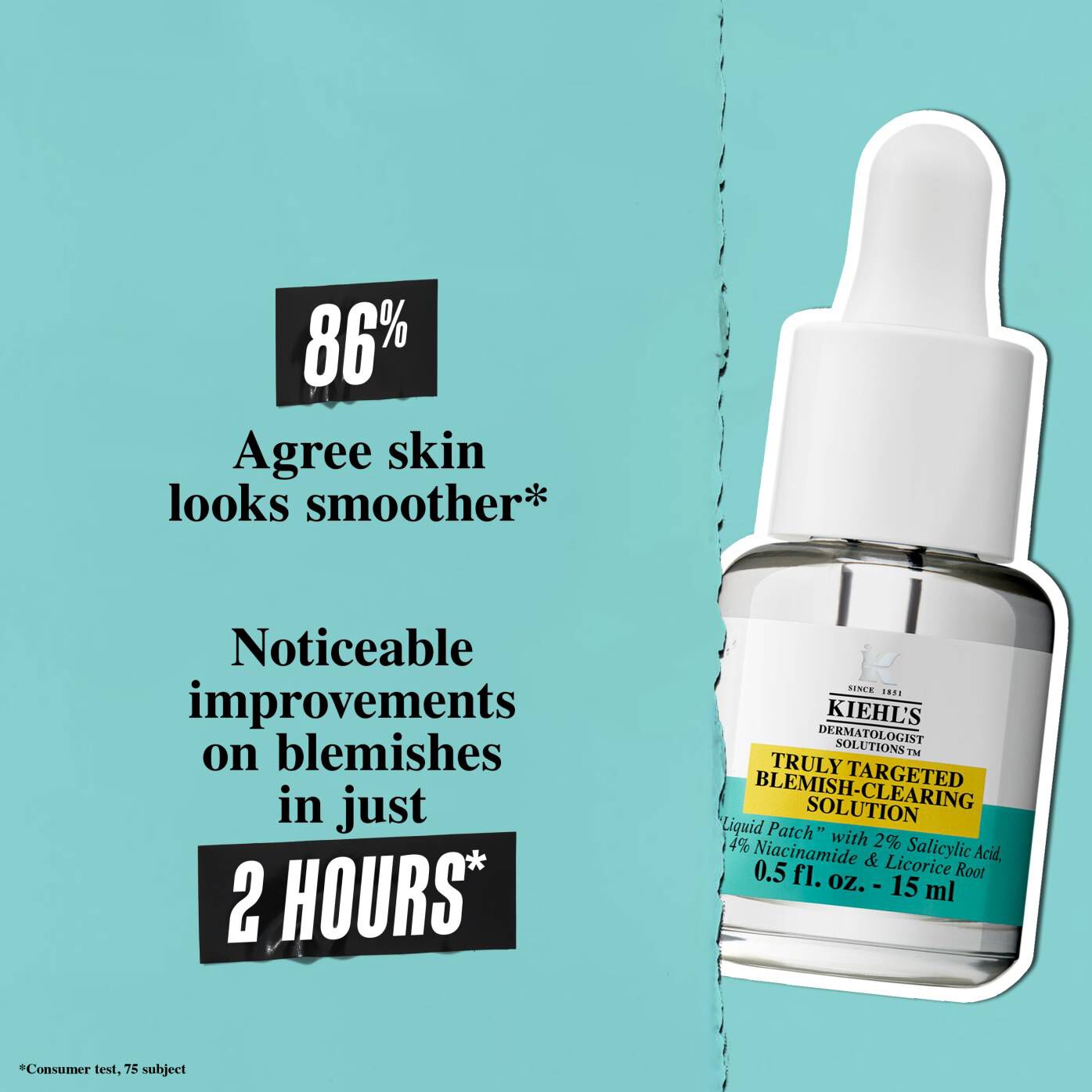 A bottle of Truly-Targeted Blemish-Clearing Solution against a green background with text reading "2 Hours* Calms pimple color," "24 Hours* Reduces pimple size," and "4 Weeks* Fades post-blemish marks."