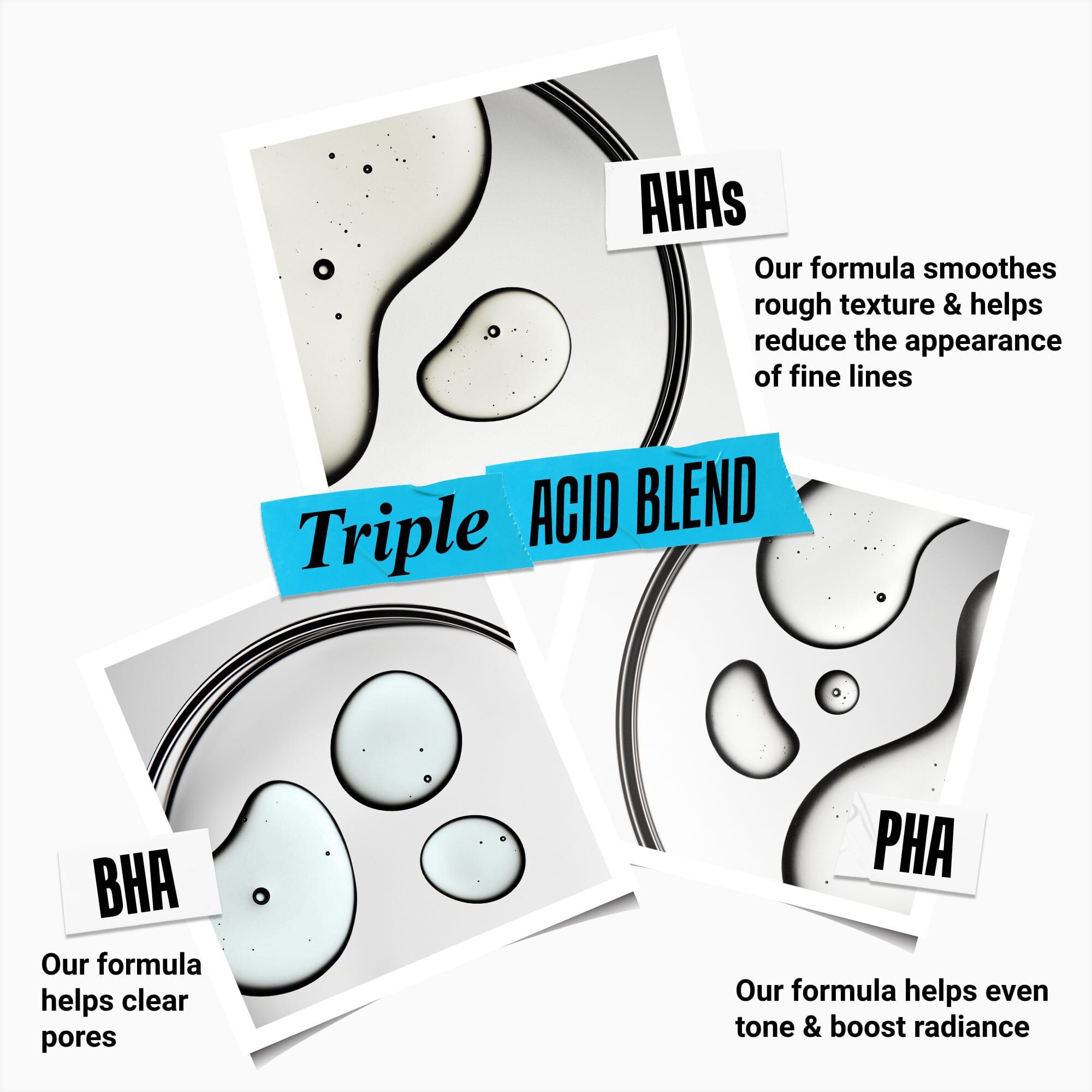 A bottle of Clearly Corrective Triple Acid Peel against a blue background with text reading "+41% Smoother Texture."