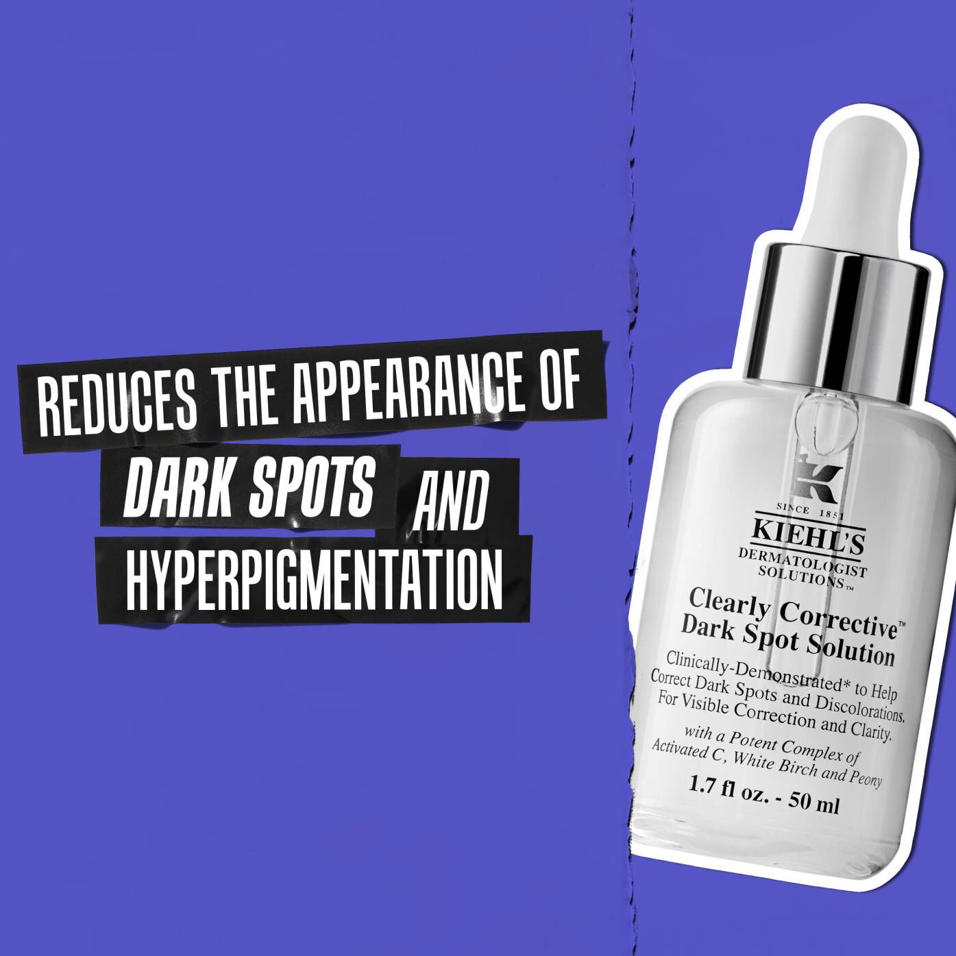 Bottle of Clearly Corrective Dark Spot Solution with text: Visibly Reduces Dark Spots and Hyperpigmentation.