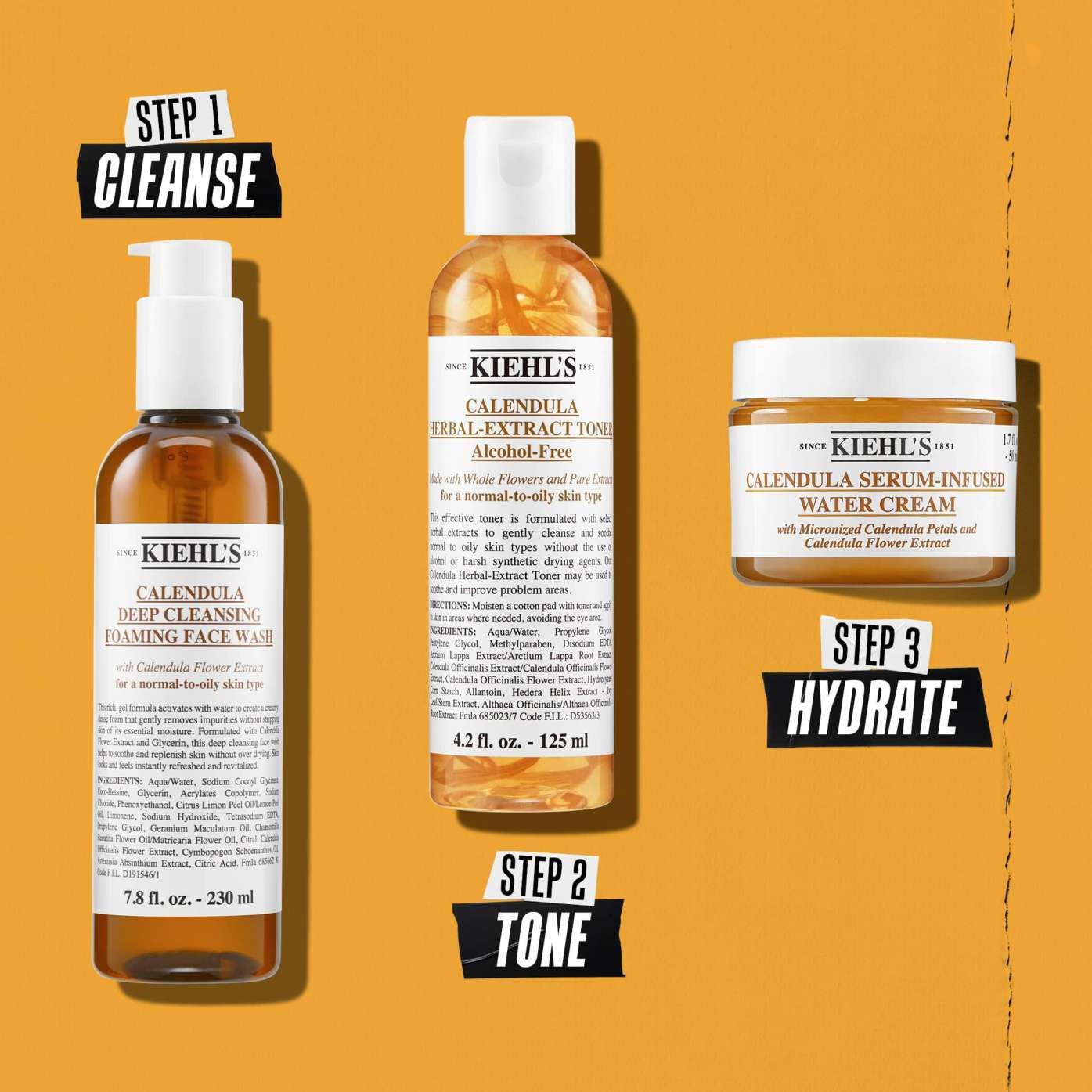 Kiehl's Calendula Deep Cleaning Foaming Face Wash routine illustration – Cleanse, Tone, Hydrate