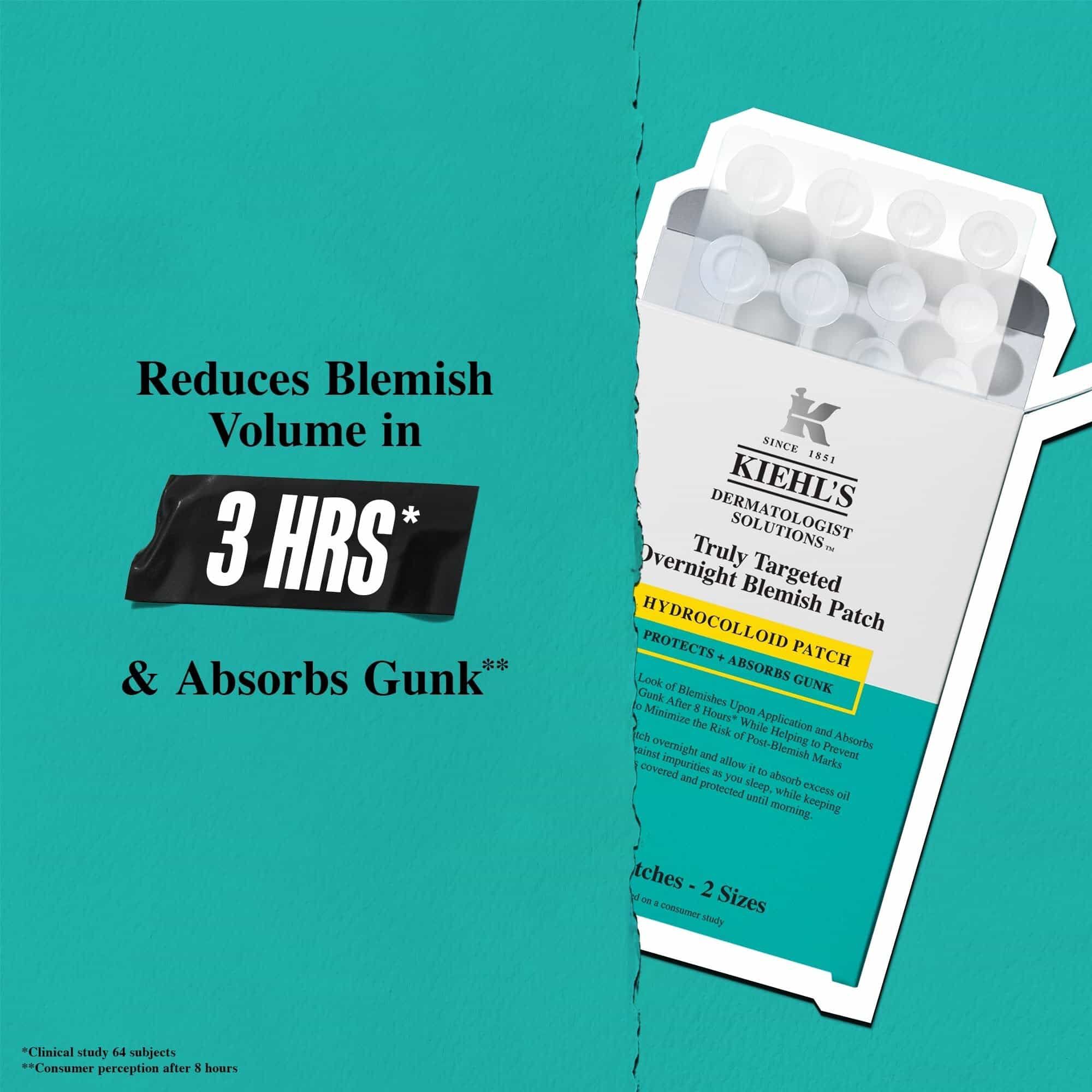 Kiehl's Truly Targeted Overnight Blemish Patch, highlighting its ability to absorb oil in 3 hours and reduce pimple volume by 36% after 8 hours.