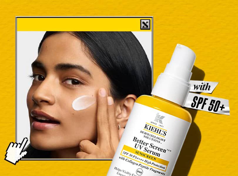 Kiehl's Better Screen UV Serum bottle against a vibrant yellow background, showcasing its SPF 50+ sun protection benefits.