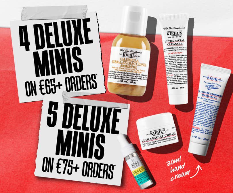 Promotional image featuring a Kiehl's branded pouch filled with skincare products, Calendula Toner 40ml, Ultra Facial Masque 10g, Avocado Eye Cream 7ml, Ultra Body Moisture Cream 30ml, UV Defence Aqua Gel 5ml, Canvas Pouch on a white and blue background.