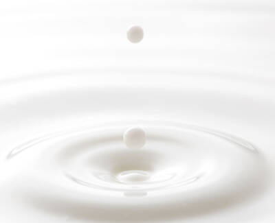 A drop of liquid is falling into a white surface, creating ripples in the surrounding liquid.