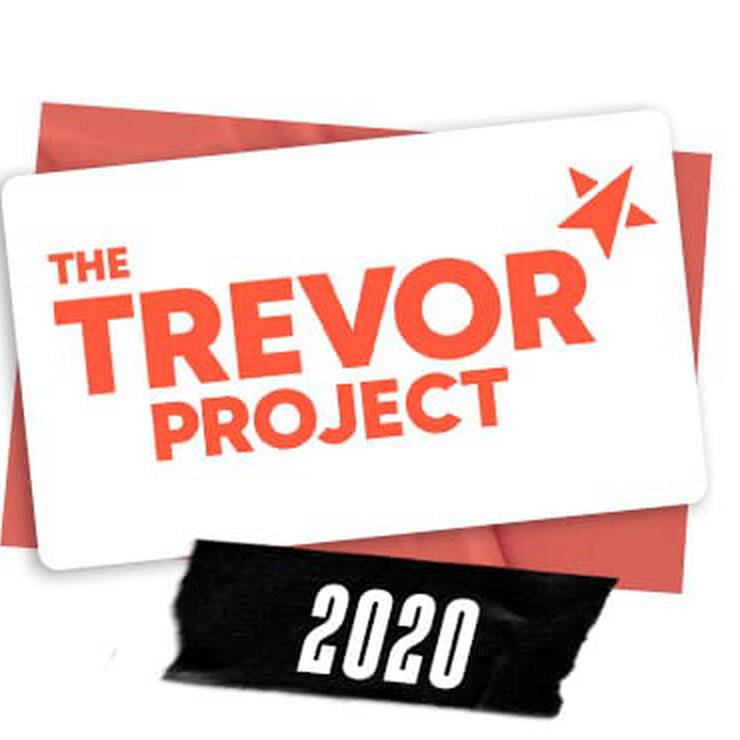 Logo of The Trevor Project with a star, featuring the year 2020, set against a background of soft red and white colors.