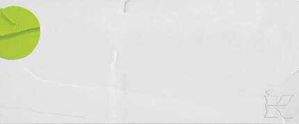 A minimalist design featuring a green circular shape on a light gray background, with subtle textures and a faint logo on the right side.