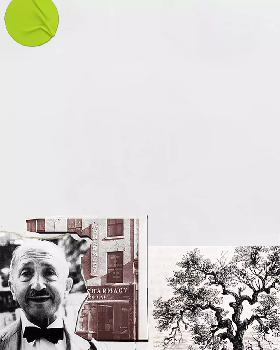A collage featuring historical elements, including a vintage pharmacy storefront, a tree illustration, and a whimsical character with a bow tie, all set against a textured white background.
