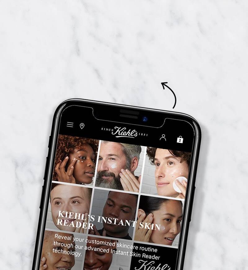 A smartphone displaying a skincare website with various images of people. The text invites users to scan a QR code to begin their skincare journey.