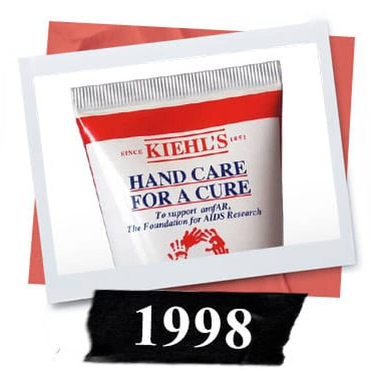 Kiehl's "Hand Care for a Cure" hand cream tube, promoting AIDS research, featured in a memory collage from 1998.