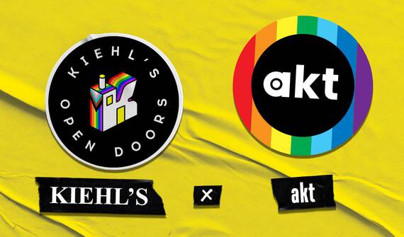 Kiehl's logo with new charity partner akt logo beside it. With a yellow background