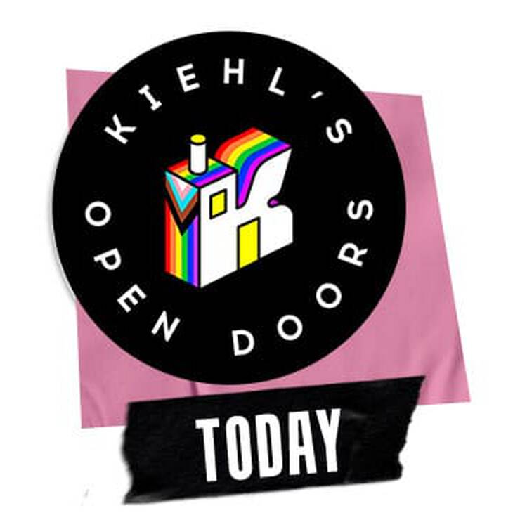 Colorful logo for Kiehl's "Open Doors" event with "TODAY" text, set against a pink background.