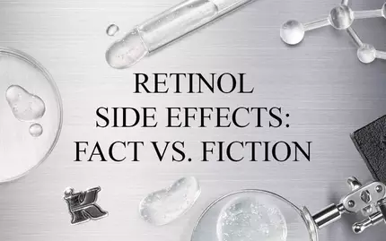 An arrangement of laboratory glassware and skincare ingredients on a silver background, with the text "RETINOL SIDE EFFECTS: FACT VS. FICTION" prominently displayed in the center.