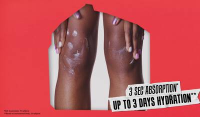 Close-up of a person's knees with moisturizer applied, showcasing smooth skin and text highlighting "3 sec absorption" and "up to 3 days hydration" against a bold red background.