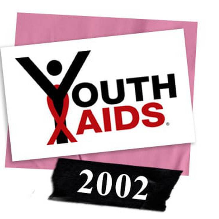 Logo of YouthAIDS, featuring a person figure and red ribbon symbol, with the year 2002 written below, on a pink background.