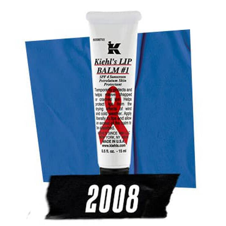 Kiehl's Lip Balm #1, featuring a red ribbon symbol for AIDS awareness, set against a blue background with "2008" below.
