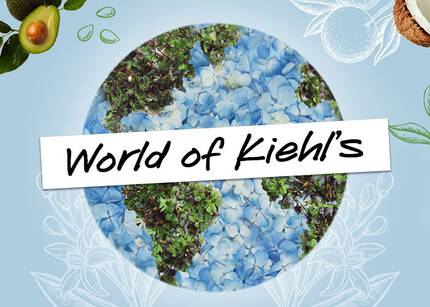 A collage featuring various Kiehl's skincare products and ingredients, arranged around a floral globe, with the text "World of Kiehl's" prominently displayed in the center. The background includes elements like sunflowers, herbs, and vintage photos, creating an inviting and vibrant atmosphere.