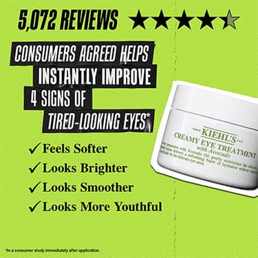 Kiehl’s Creamy Eye Treatment shown with 5,072 reviews, 4.5-star rating, and benefits for softer, brighter, smoother, more youthful-looking eyes.