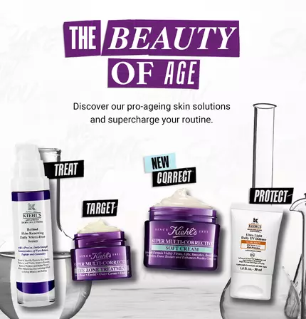 Alt text: A promotional banner featuring Kiehl's skincare products with text highlighting "Treat," "Target," "Correct," and "Protect." The products include a serum and a purple cream, emphasizing anti-aging benefits and skincare solutions.
