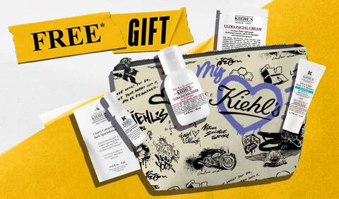 Promotional image featuring a Kiehl's branded pouch filled with skincare products, Ultra Light Daily UV Defense Aqua Gel SPF 50, 5ml, Ultra Facial toner 30ml, Clearly Corrective Dark Spot Correcting Serum, 5ml, Ultra Facial Cream, 3ml on a white and yellow background.
