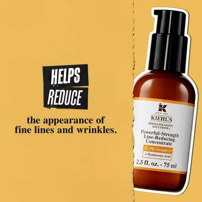 Kiehl's Powerful-Strength Line-Reducing Concentrate bottle promoting reduction of fine lines and wrinkles with Vitamin C and Hyaluronic Acid.