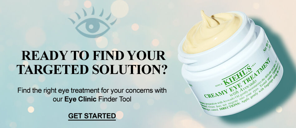 A jar of Kiehl's creamy eye treatment is displayed alongside text inviting users to find their targeted eye treatment solution through the Eye Clinic Finder Tool.