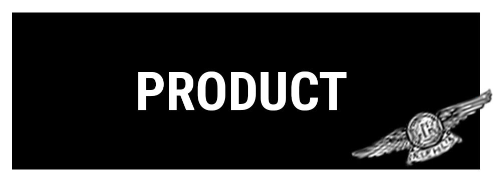 A black background featuring bold, white text that reads "PRODUCT," alongside a logo with wings on the right.