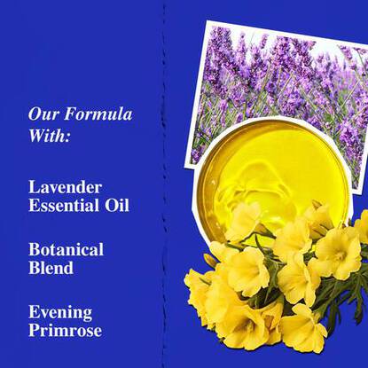 Promotional image that shows key ingredients in Kiehl’s Midnight Recovery Concentrate Moisturising Face Oil. Text reads: OUR FORMULA WITH LAVENDER ESSENTIAL OIL/ BOTANICAL BLEND/ EVENING PRIMROSE.