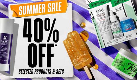 Promotional image featuring a Kiehl's sale products with promotional 40% off messaging, a summer theme and blue and white striped background.