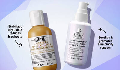 Two skincare products are displayed: a brown bottle labeled "Calendula Skin-Soothing & Stabilizing Emulsion" and a white bottle labeled "Clearly Corrective Clarity-Activating Soothing Emulsion." The text highlights their benefits: the first stabilizes oily skin and reduces breakouts, while the second soothes and promotes skin clarity recovery.