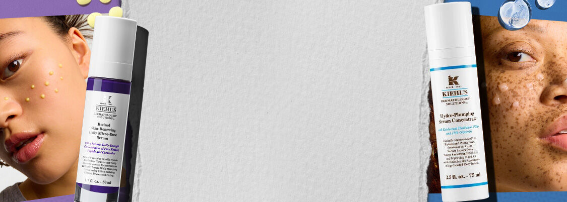 Kiehl's skincare products featuring the Retinol Serum and Hydro-Plumping Serum on a textured background, surrounded by colorful accents.