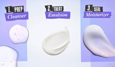 Three swatches of skincare products on a gradient background: a transparent cleanser, a white emulsion, and a creamy moisturizer, each labeled with steps "1. PREP," "2. TREAT," and "3. SEAL."