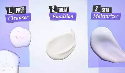 Three swatches of skincare products on a gradient background: a transparent cleanser, a white emulsion, and a creamy moisturizer, each labeled with steps "1. PREP," "2. TREAT," and "3. SEAL."