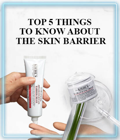 A person's hand holds a tube of skincare product, while another hand is positioned below it. In the background, a jar of Kiehl's Ultra Facial Cream is visible. The text overlay reads, "Top 5 Things to Know About the Skin Barrier."