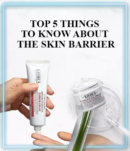 A person's hand holds a tube of skincare product, while another hand is positioned below it. In the background, a jar of Kiehl's Ultra Facial Cream is visible. The text overlay reads, "Top 5 Things to Know About the Skin Barrier."